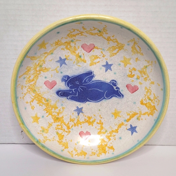 Dan Lasser Vintage Ceramic Stoneware Art Pottery Pasta Bowl Blue Rabbit Design - Picture 3 of 6